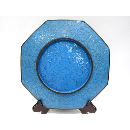 1210 - A 19th Century fine blue cloisonné octagonal charger decorated with flying bird, 29.5cm x 29.5cm