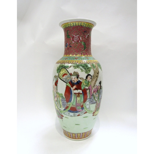 1215 - A 20th Century famille rose vase with repeating floral border above a figural landscape frieze depic... 