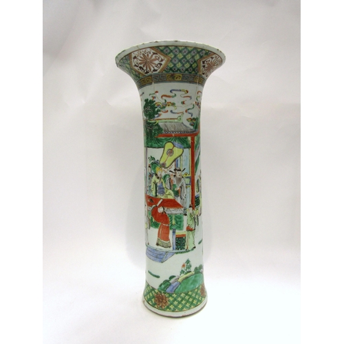 1217 - A 19th Century Chinese famille verte flared cylindrical vase with courtly scene, major restoration t... 