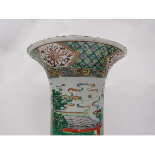 1217 - A 19th Century Chinese famille verte flared cylindrical vase with courtly scene, major restoration t... 