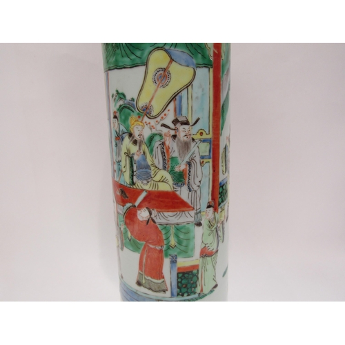 1217 - A 19th Century Chinese famille verte flared cylindrical vase with courtly scene, major restoration t... 