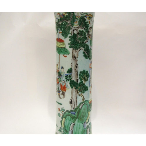 1217 - A 19th Century Chinese famille verte flared cylindrical vase with courtly scene, major restoration t... 