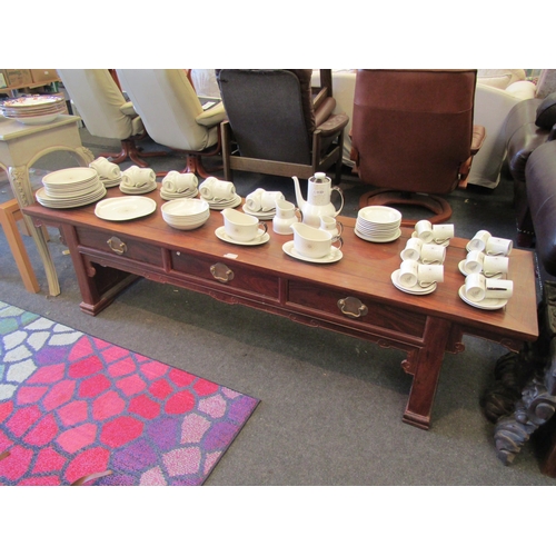 1222 - A Chinese hardwood coffee table, oblong form with three frieze drawers, 48cm tall x 191cm long x 48c... 