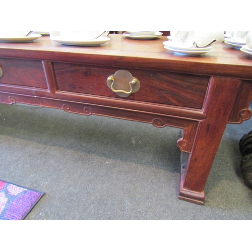 1222 - A Chinese hardwood coffee table, oblong form with three frieze drawers, 48cm tall x 191cm long x 48c... 