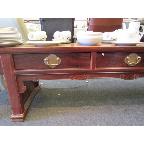 1222 - A Chinese hardwood coffee table, oblong form with three frieze drawers, 48cm tall x 191cm long x 48c... 