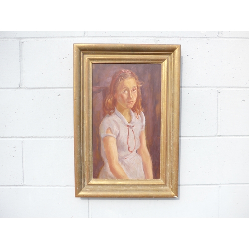 7052 - META MESTON (Scottish c1919-2005) A framed oil on board, 'Fishermans Daughter'. Unsigned, details wr... 