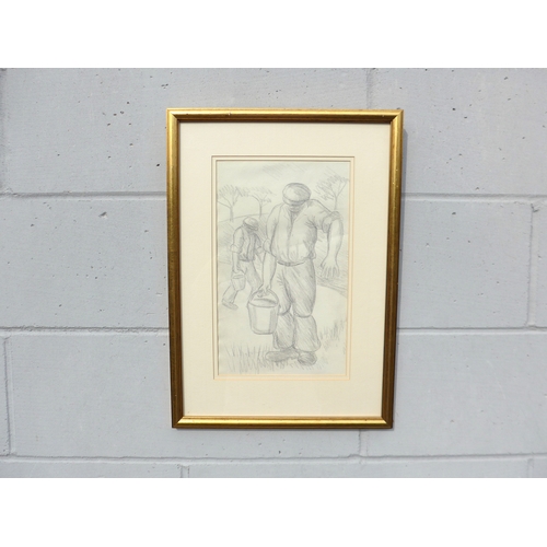 7056 - HERBERT CUTNER (1881-1969) A framed and glazed pencil drawing study of workmen carrying buckets. Uns... 