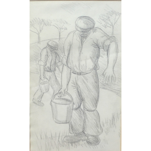 7056 - HERBERT CUTNER (1881-1969) A framed and glazed pencil drawing study of workmen carrying buckets. Uns... 