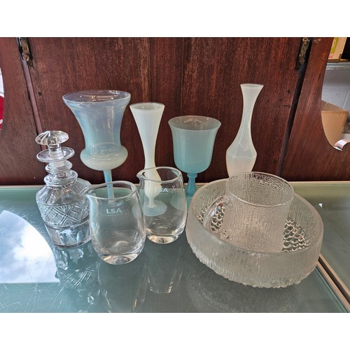 1352 - A selection of glassware including Iitala jug and bowl, two LSA jugs, blue vases and decanter (9)