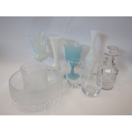 1352 - A selection of glassware including Iitala jug and bowl, two LSA jugs, blue vases and decanter (9)