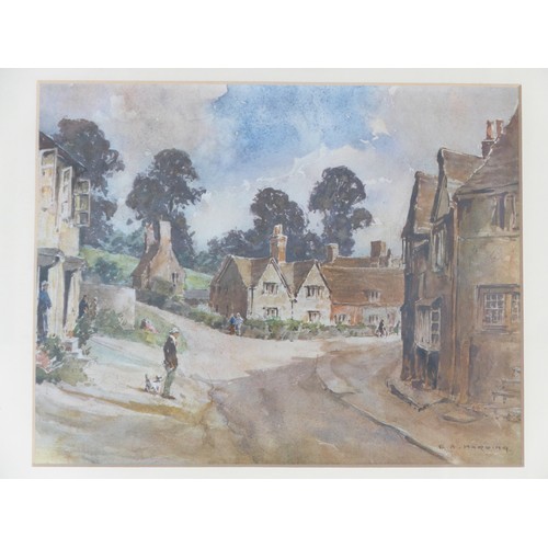 1387 - After S.A Harding - A framed and glazed print of a watercolour - figures on a village street. Image ... 