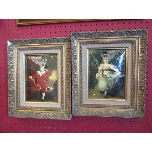 1402 - Two reproduction hand hammered oleographs of girl and boy, both gilt framed, 17cm x 12cm image sizes