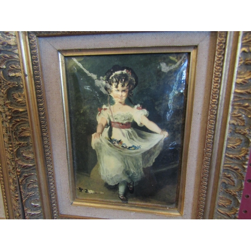 1402 - Two reproduction hand hammered oleographs of girl and boy, both gilt framed, 17cm x 12cm image sizes