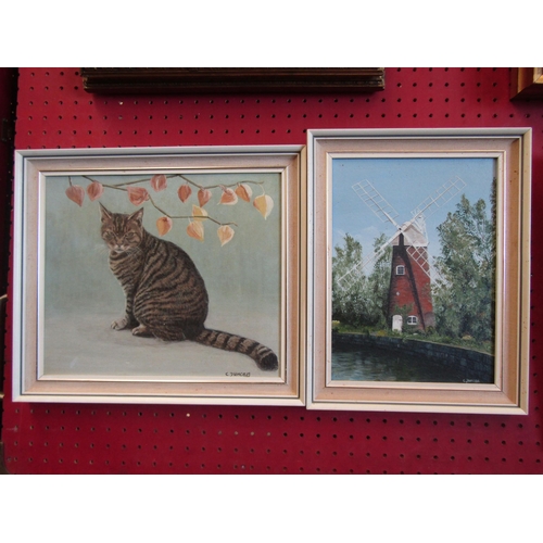 1405 - C. DUNCAN: Two oils on board of a windmill and a tabby cat.  Both signed lower right.  Windmill - 25... 