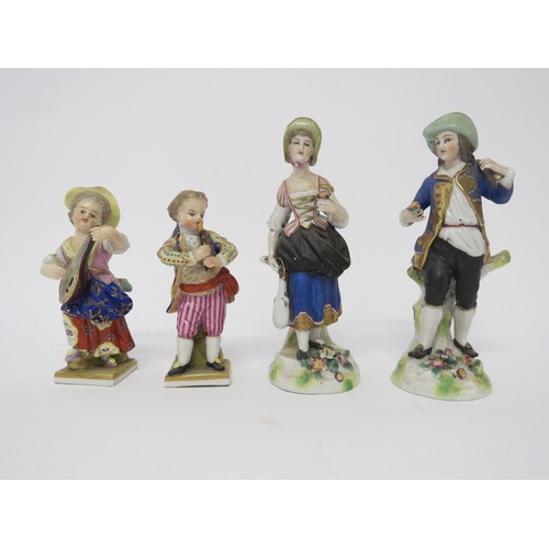 1421 - Six Continental figures including lute and mandolin players, some a/f, tallest 14.5cm