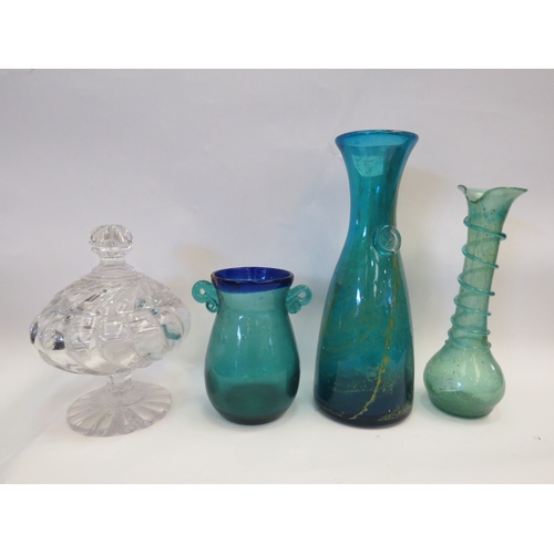 1432 - Four pieces of glassware including Mdina glass carafe and lidded sweet jar