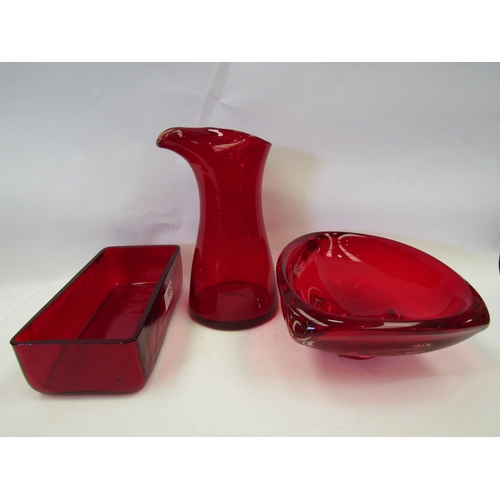 1456 - Three pieces of ruby glass, vase 23cm tall