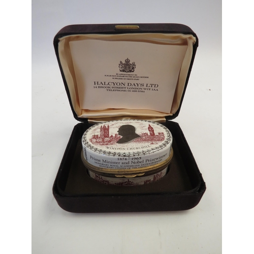 1482 - A Halcyon Days limited edition enamel pot commemorating Churchill Centenary No. 206/500, boxed with ... 