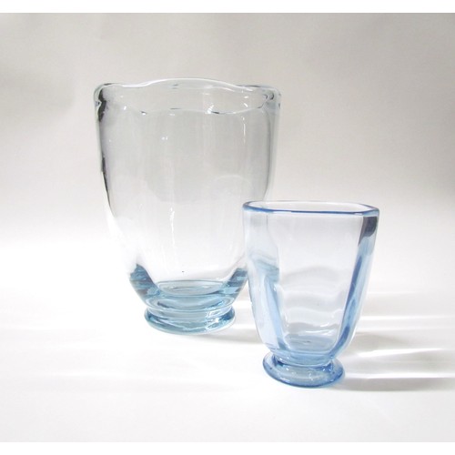 1541 - A 1930's pale sapphire glass large vase, waved rim with vertical moulding.  25cm high.  (Chip to rim... 