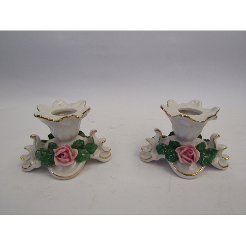 1515 - A pair of 20th Century late Dresden porcelain flower encrusted dwarf candlesticks. 5.5cm height