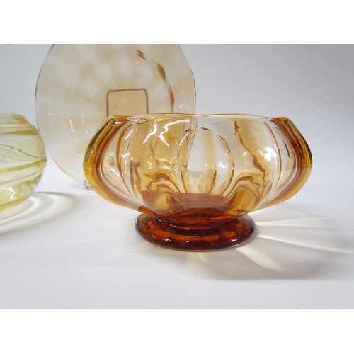 1542 - A Whitefriars waved bowl in Amber, 26.5cm diameter, a trailed bowl, 18cm and a pedestal bowl in dark... 