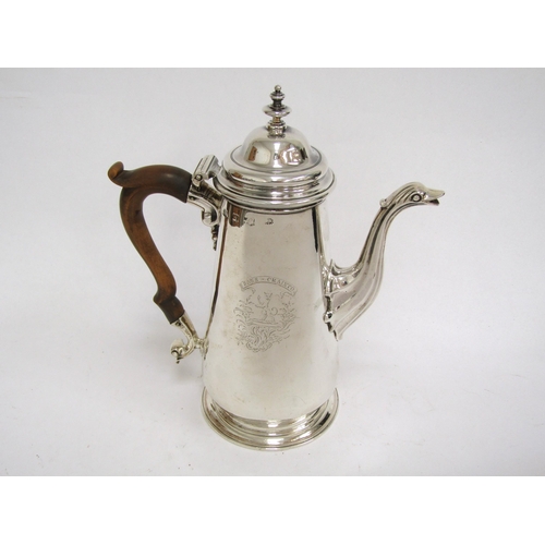 1520 - A George II Thomas Whipham silver coffee pot with bird spout detail, treen handle, with armorial cre... 