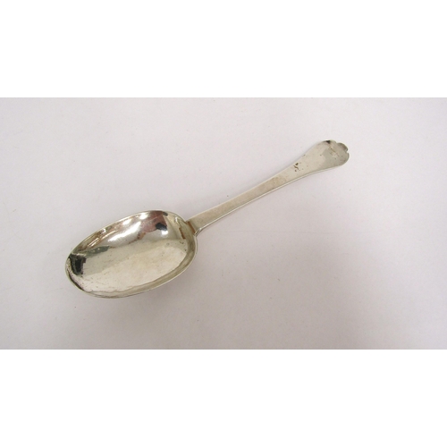 1523 - A silver trefoil spoon monogrammed T.R.M. 19cm long, 46g