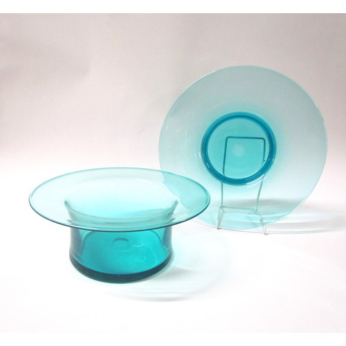 1545 - A shallow blue glass pedestal dish, 30cm diameter x 5.5cm high, together with a 