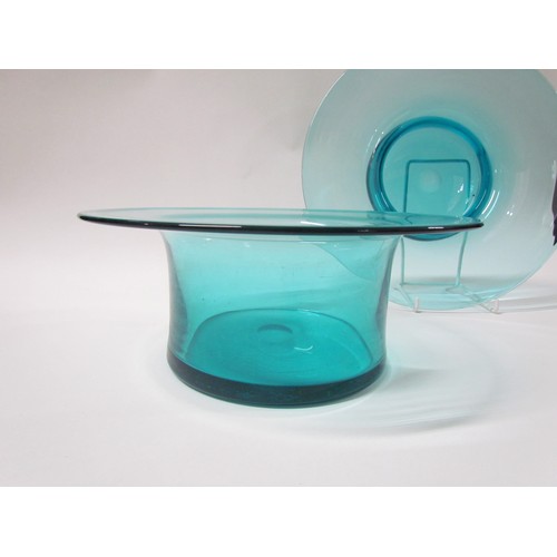 1545 - A shallow blue glass pedestal dish, 30cm diameter x 5.5cm high, together with a 