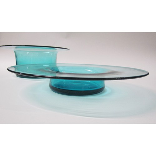 1545 - A shallow blue glass pedestal dish, 30cm diameter x 5.5cm high, together with a 