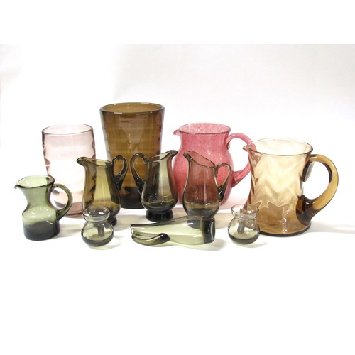 1547 - A collection of various glass including Whitefriars smoked vases and jugs, two optic vases, etc.  Ta... 