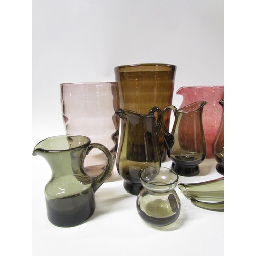 1547 - A collection of various glass including Whitefriars smoked vases and jugs, two optic vases, etc.  Ta... 