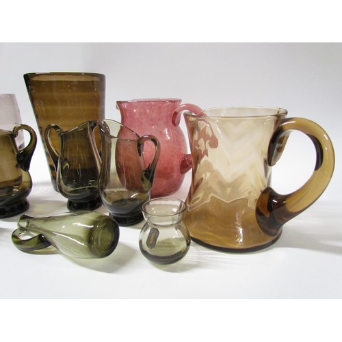 1547 - A collection of various glass including Whitefriars smoked vases and jugs, two optic vases, etc.  Ta... 