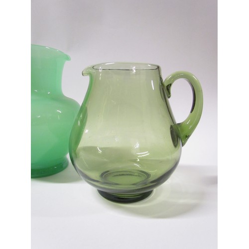 1548 - Three green glass jugs including bubble inclusions and apple opaline.  Tallest 20.5cm