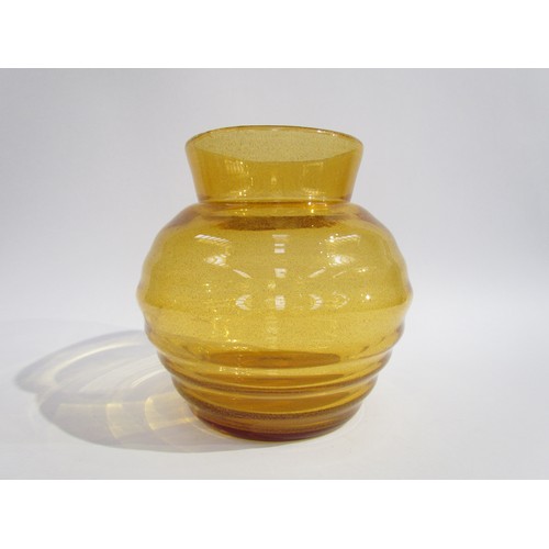 1549 - A circa 1930's/40's amber glass vase with ribbed body with tiny inclusions.  Polished pontil marks. ... 