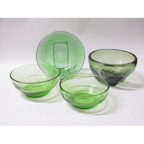 1550 - A collection of four green glass bowls including Whitefriars 9336 lobed, 12.5cm high.  Plus two grad... 