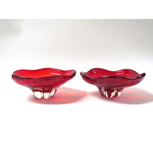 1553 - A pair of Whitefriars 9428 bowls in Ruby, encased in clear.  22cm diameter