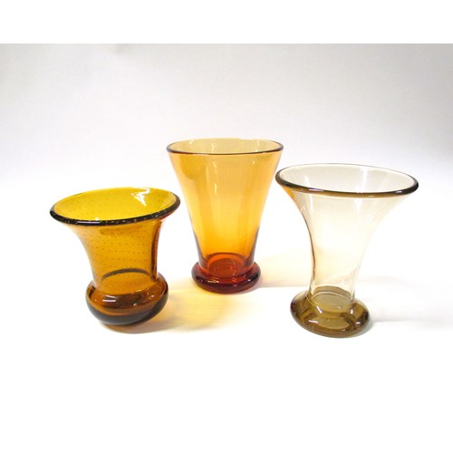 1555 - Three Amber glass flared vases, one with controlled bubble inclusions.  Tallest 19cm