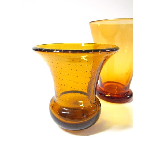 1555 - Three Amber glass flared vases, one with controlled bubble inclusions.  Tallest 19cm