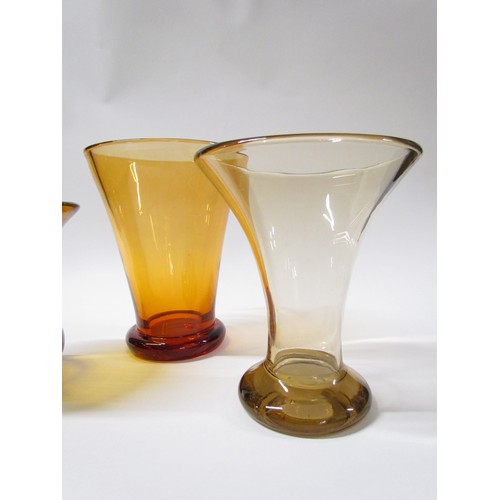 1555 - Three Amber glass flared vases, one with controlled bubble inclusions.  Tallest 19cm