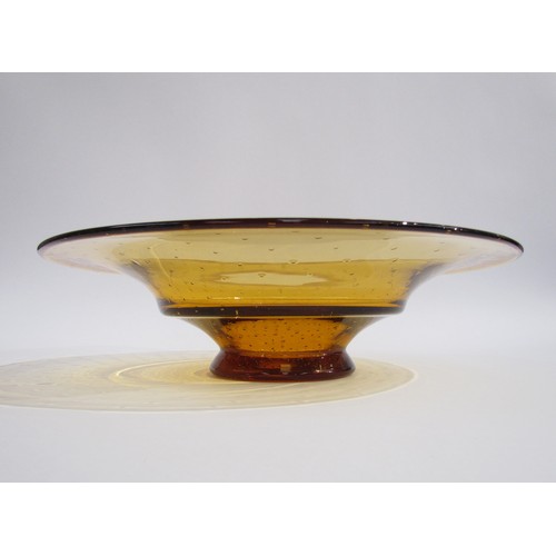 1622 - A circa 1930's large amber glass stepped bowl with controlled bubbles.  36.5cm diameter, 10cm high