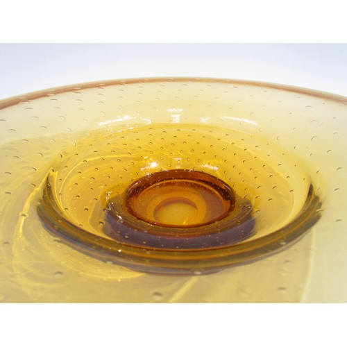 1622 - A circa 1930's large amber glass stepped bowl with controlled bubbles.  36.5cm diameter, 10cm high