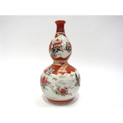 1607 - A Japanese Kutani charger, bottle vase and double gourd vase, 31cm diameter, 25cm and 15.5cm tall (3... 