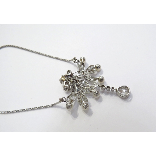 6333 - An early 20th Century diamond and pearl cluster pendant necklace with pear cut diamond droplet 0.50c... 