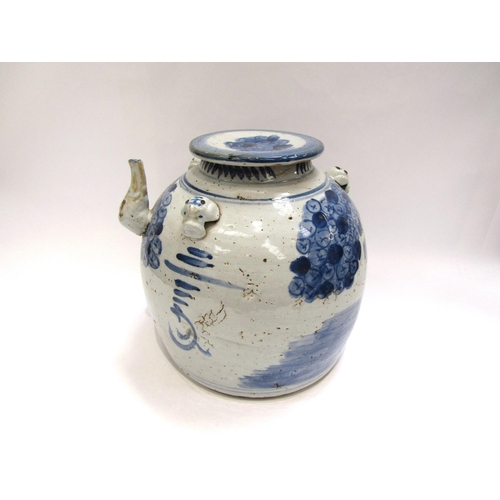 1103 - An 18th Century blue and white oversized Chinese teapot with figural design depicting person riding ... 