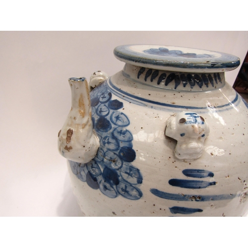 1103 - An 18th Century blue and white oversized Chinese teapot with figural design depicting person riding ... 