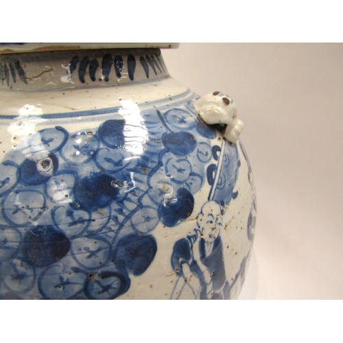 1103 - An 18th Century blue and white oversized Chinese teapot with figural design depicting person riding ... 