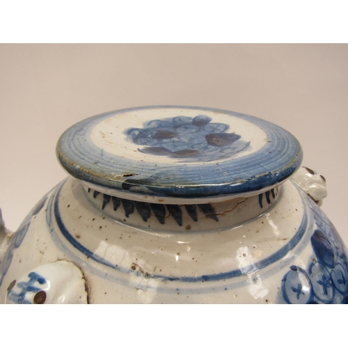 1103 - An 18th Century blue and white oversized Chinese teapot with figural design depicting person riding ... 