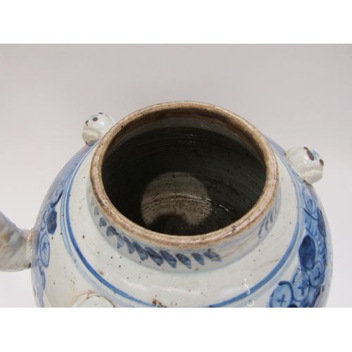 1103 - An 18th Century blue and white oversized Chinese teapot with figural design depicting person riding ... 