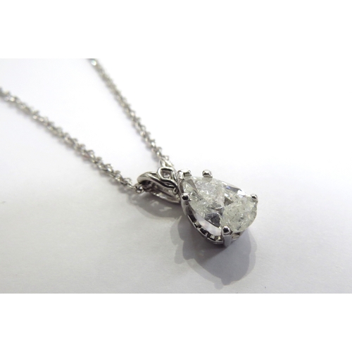 6395 - A pear cut single diamond pendant, 1.25ct approx hung on a white gold twisted curb style chain, 50cm... 